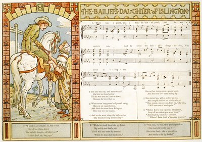 'İslington'dan Mübaşirin Kızı', 'Pan-Pipes'dan şarkı illüstrasyonu, Eski Şarkılar Kitabı, Yeni Düzenlenmiş ve Theo'nun Eşliğinde. Marzials, George Routledge und So tarafından Londra'da yayınlandı. by Walter Crane